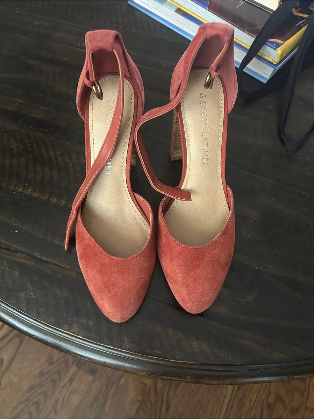 Gibson Latimer Rust Suede Ankle-Strap Block Heel Pumps